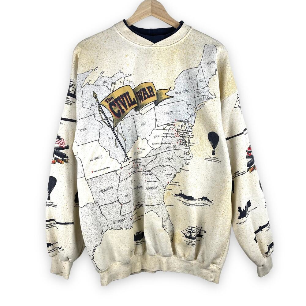 90s Vintage Civil War Graphic Map Print Crewneck XL Sweatshirt America USA